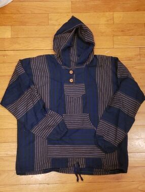 Men's Blue & Gray Hooded Striped Pullover Shirt